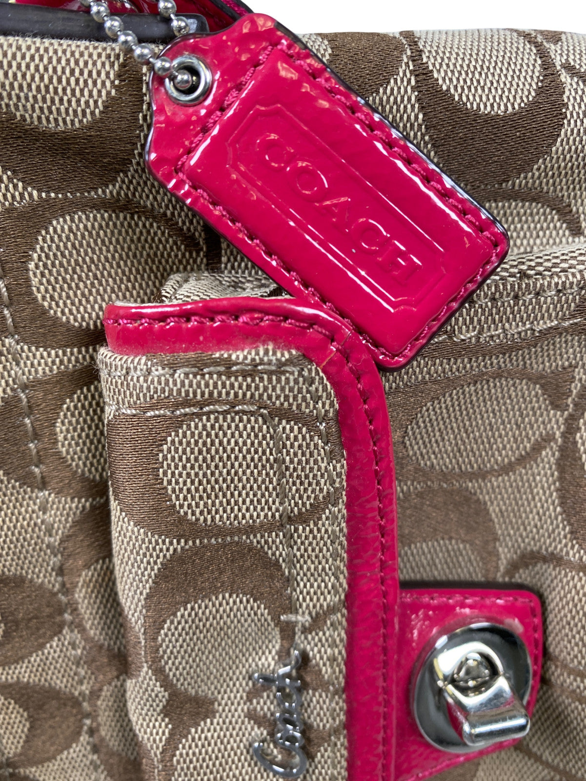 Coach Women’s Beige Khaki Signature Pink Trim Small Crossbody Purse