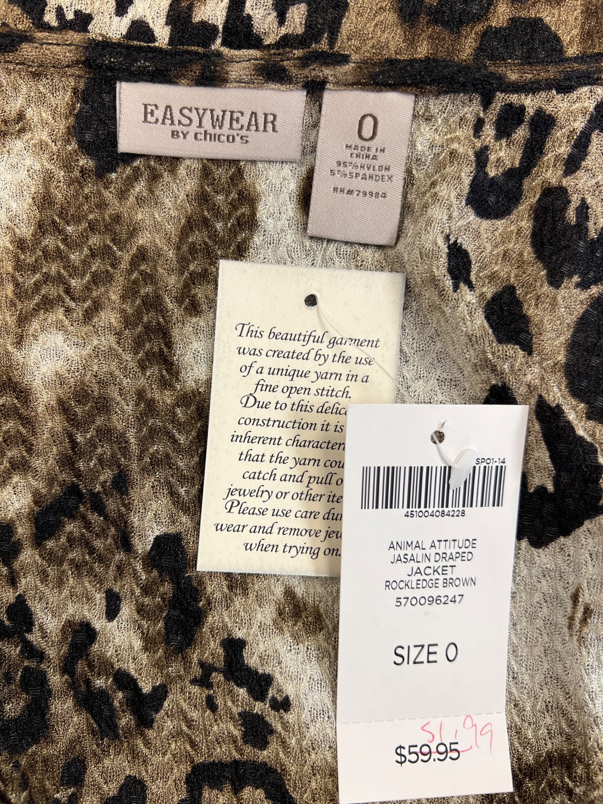 Chico’s Women’s Brown Animal Print 3/4 Sleeve Lightweight Draped Jacket - 0/US S