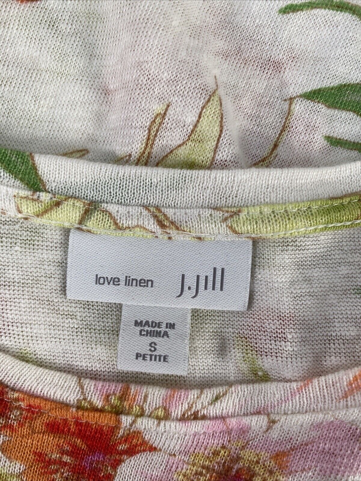 J.Jill Women's Ivory Floral Loven Linen Short Sleeve T-Shirt - S Petite