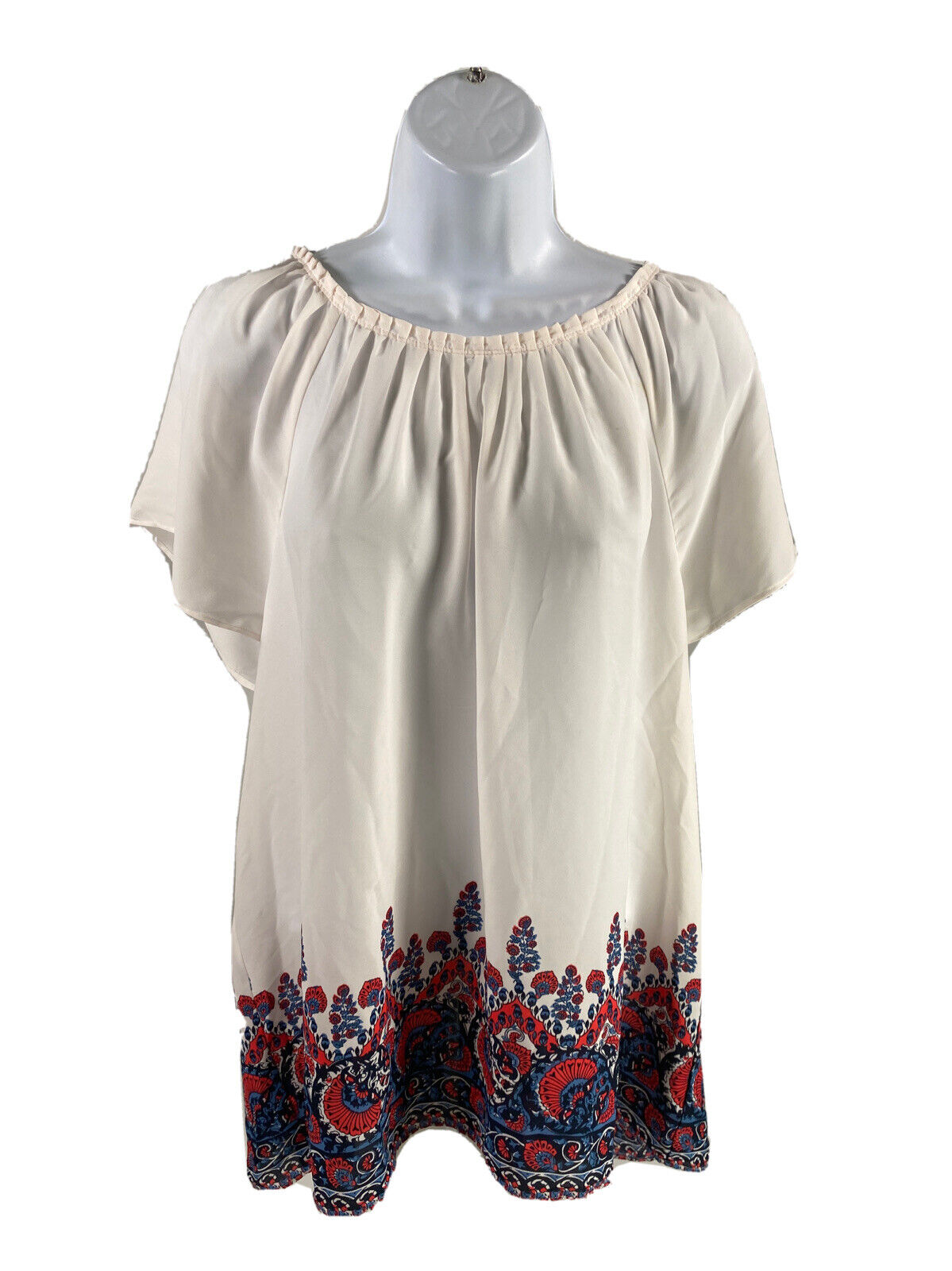 LOFT Women's White Floral Pleated Sheer Short Sleeve Blouse - XL