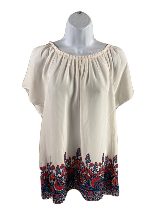 LOFT Women's White Floral Pleated Sheer Short Sleeve Blouse - XL