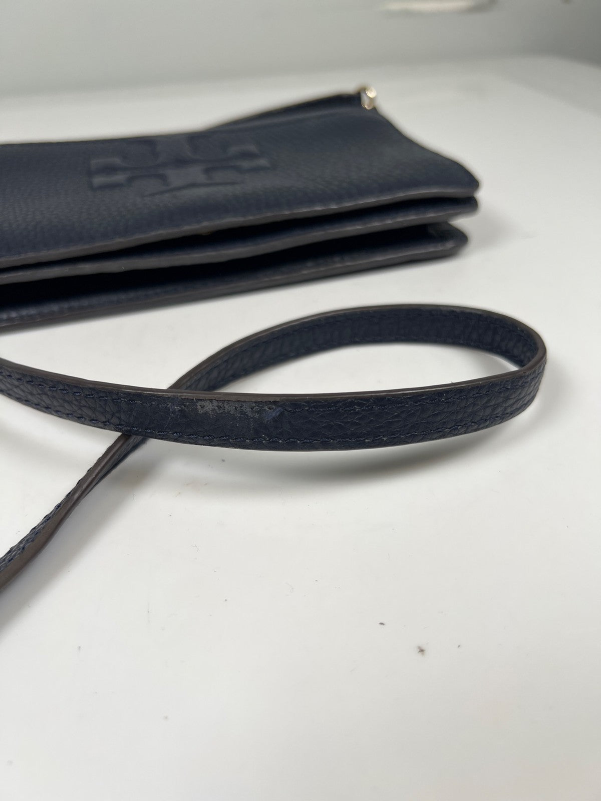 Tory Burch Women’s Blue Leather Bombe T Crossbody Purse W/ Removable Strap