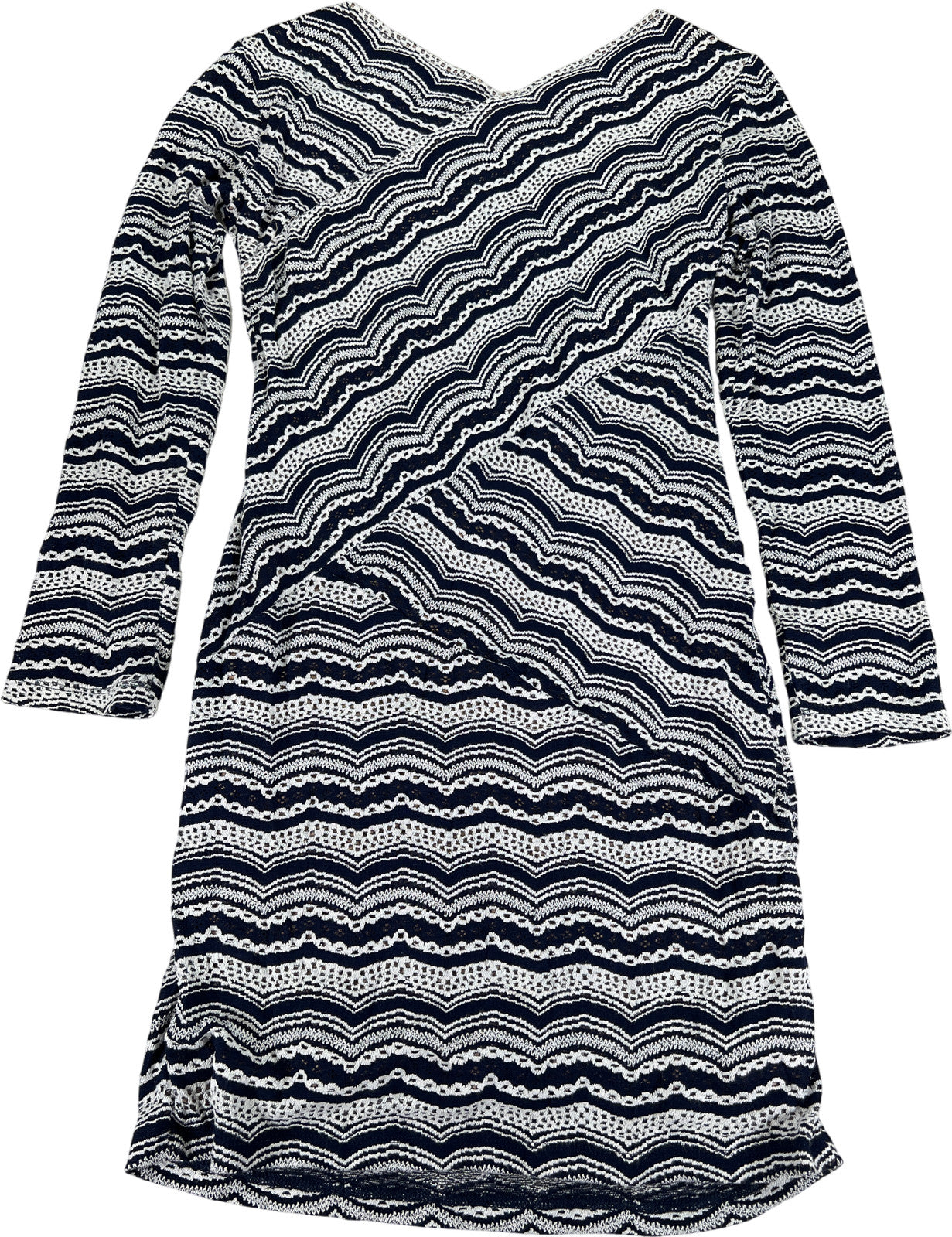 BCBGMaxazria Women’s Blue/White Lace Lined Long Sleeve Sheath Dress - L