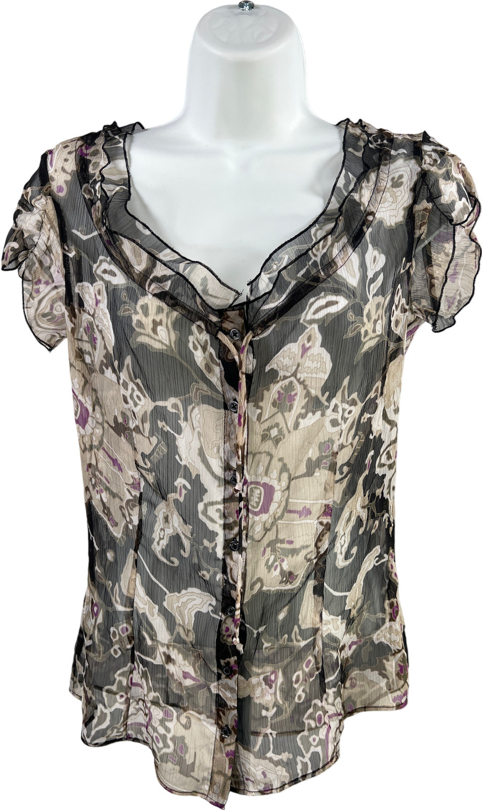 Tahari Women’s Black Multicolor Floral Sheer Short Sleeve Button Up Blouse - XS