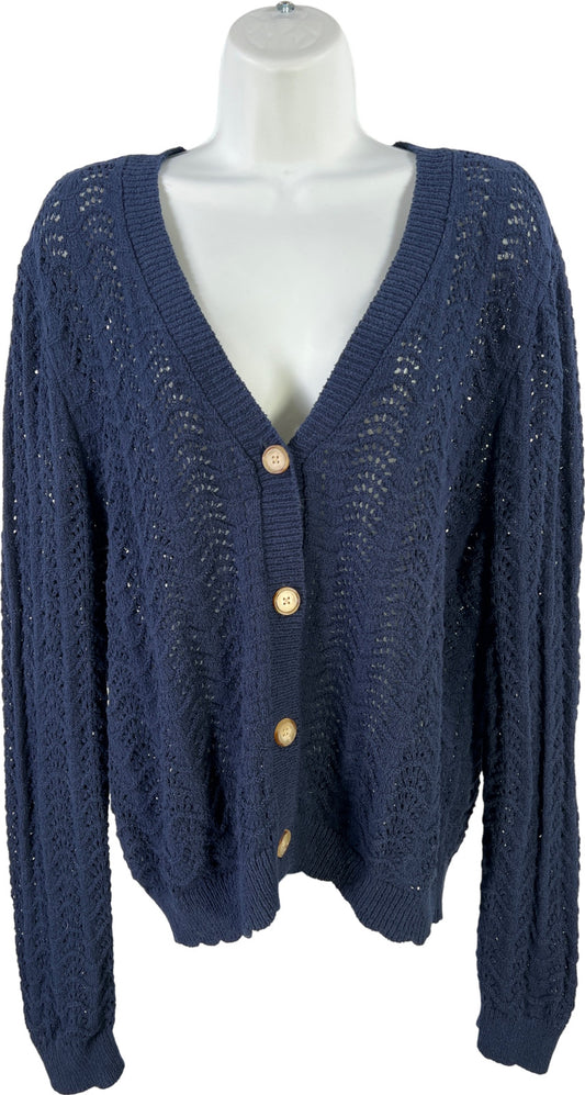 LOFT Women’s Blue Open Knit Long Sleeve Button Up Cardigan Sweater - L