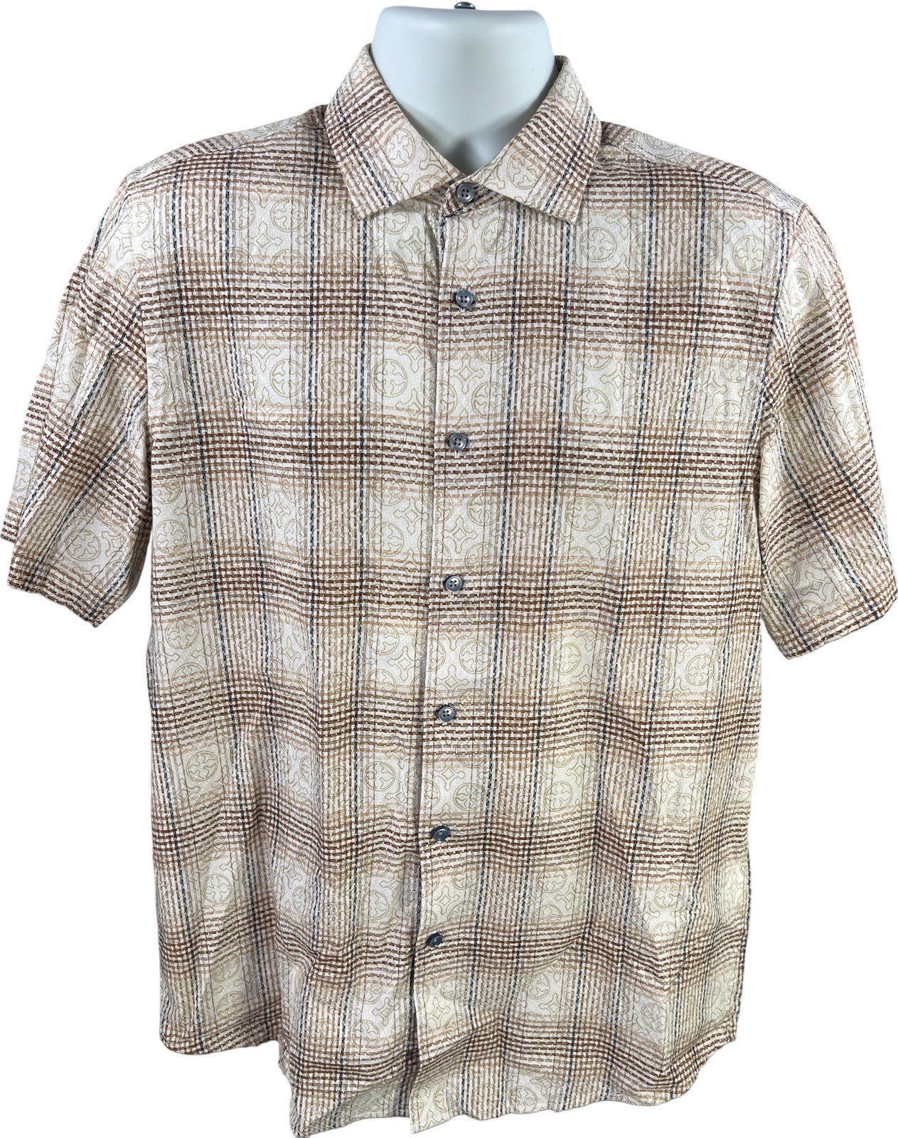 Tasso Elba Men’s White/Brown Plaid Short Sleeve Button Up Shirt - M