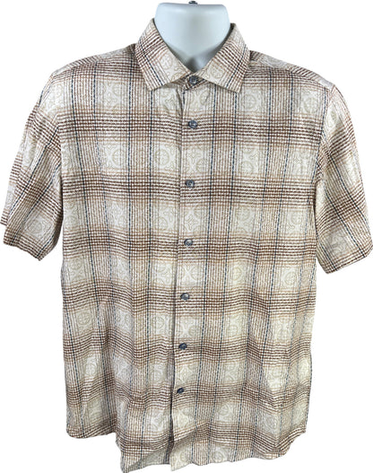 Tasso Elba Men’s White/Brown Plaid Short Sleeve Button Up Shirt - M