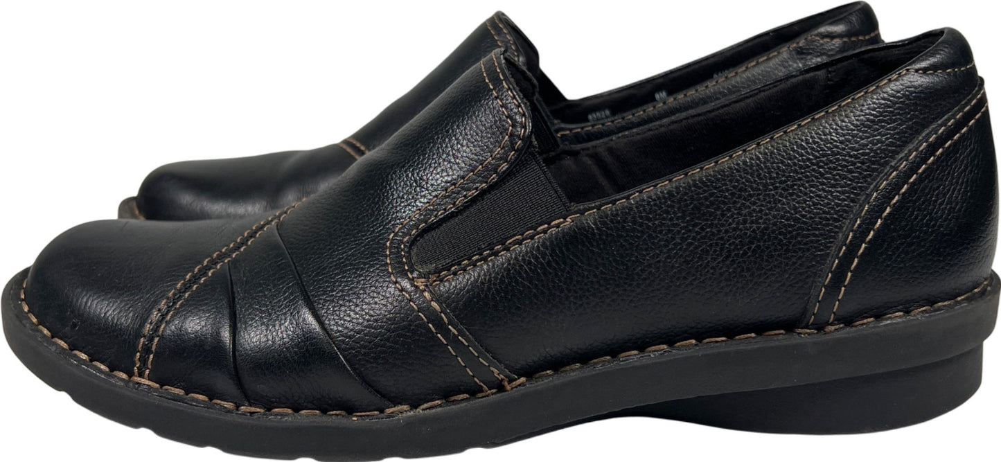 Clarks Women’s Black Leather Slip On Loafer Shoes - 8