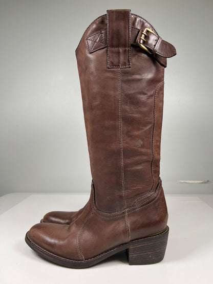 Janet and Janet Women’s Brown Leather Heeled Fashion Western Boots - 38/US 7