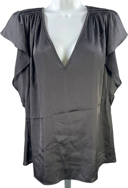 White House Black Market Women’s Black Satin Short Sleeve V-Neck Blouse - S