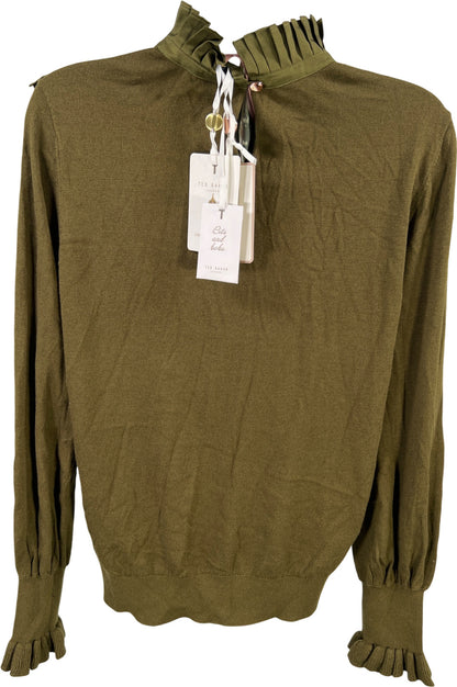 Ted Baker Women’s Green Frill Bib High Neck Long Sleeve Sweater - 1/US 4