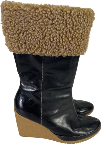 Easy Spirit Women’s Black Leather Faux Fur Side Zip Wedge Mid Calf Boots - 6