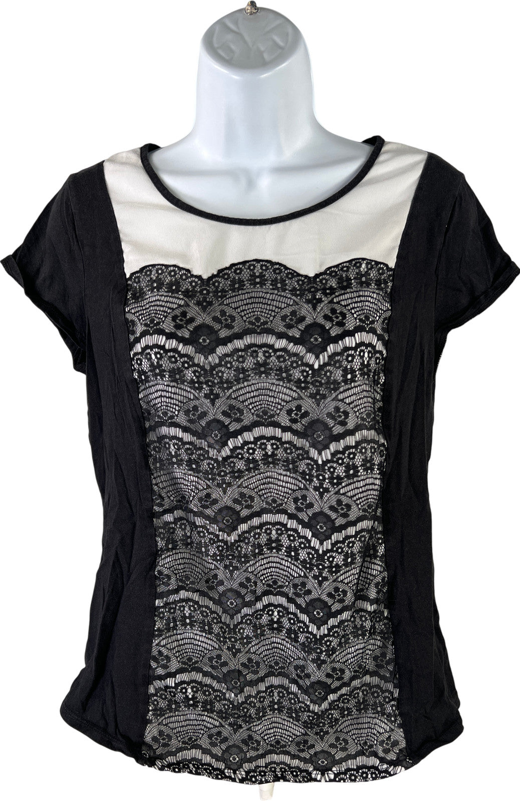 Chico’s Women’s Black Lace Front Cap Sleeve T-Shirt - 1/US M