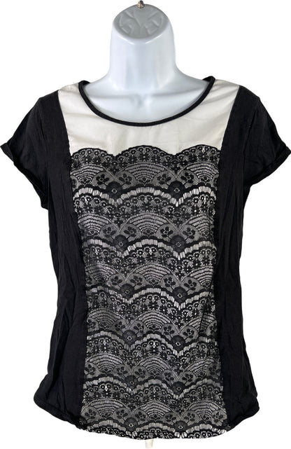 Chico’s Women’s Black Lace Front Cap Sleeve T-Shirt - 1/US M