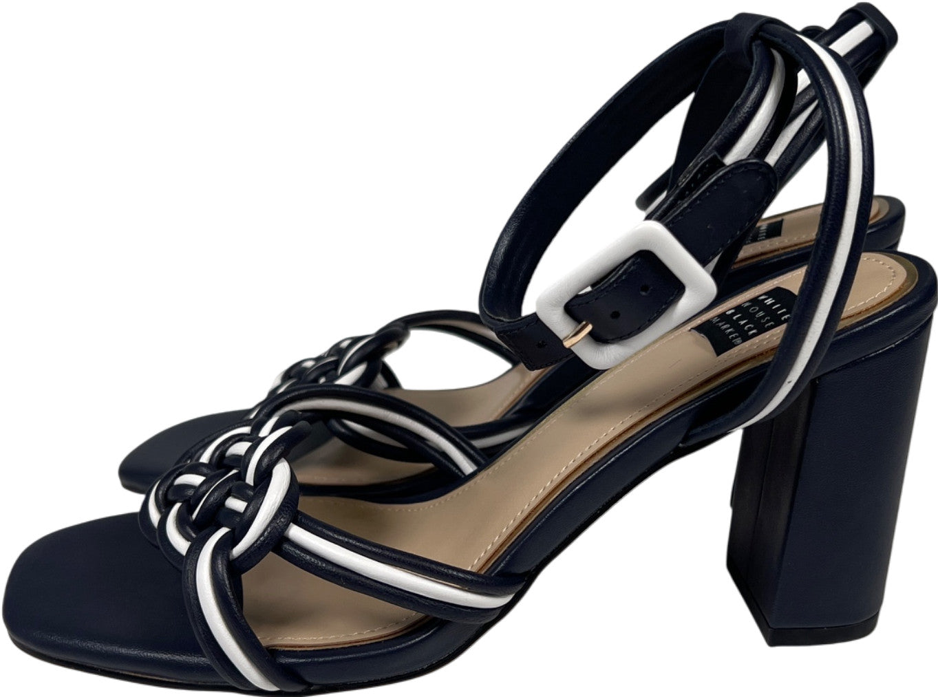 White House Black Market Women’s Blue Nova Mixed Knot High Heel Sandals - 7.5