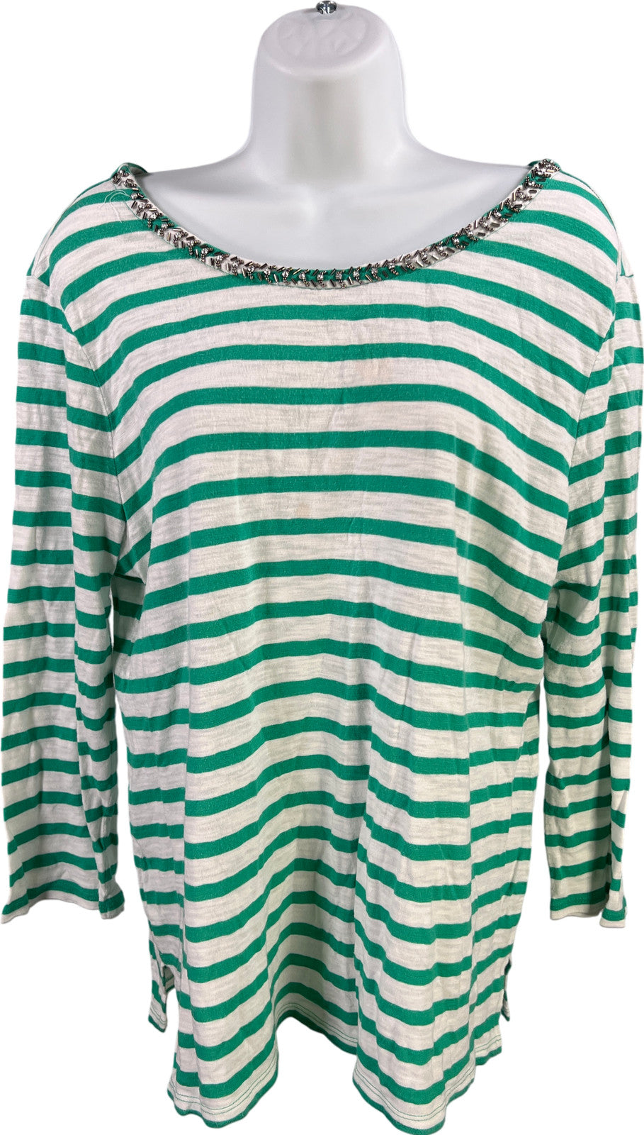 Chico’s Women’s Green/White Striped Beaded Neck 3/4 Sleeve Shirt - 2/US L