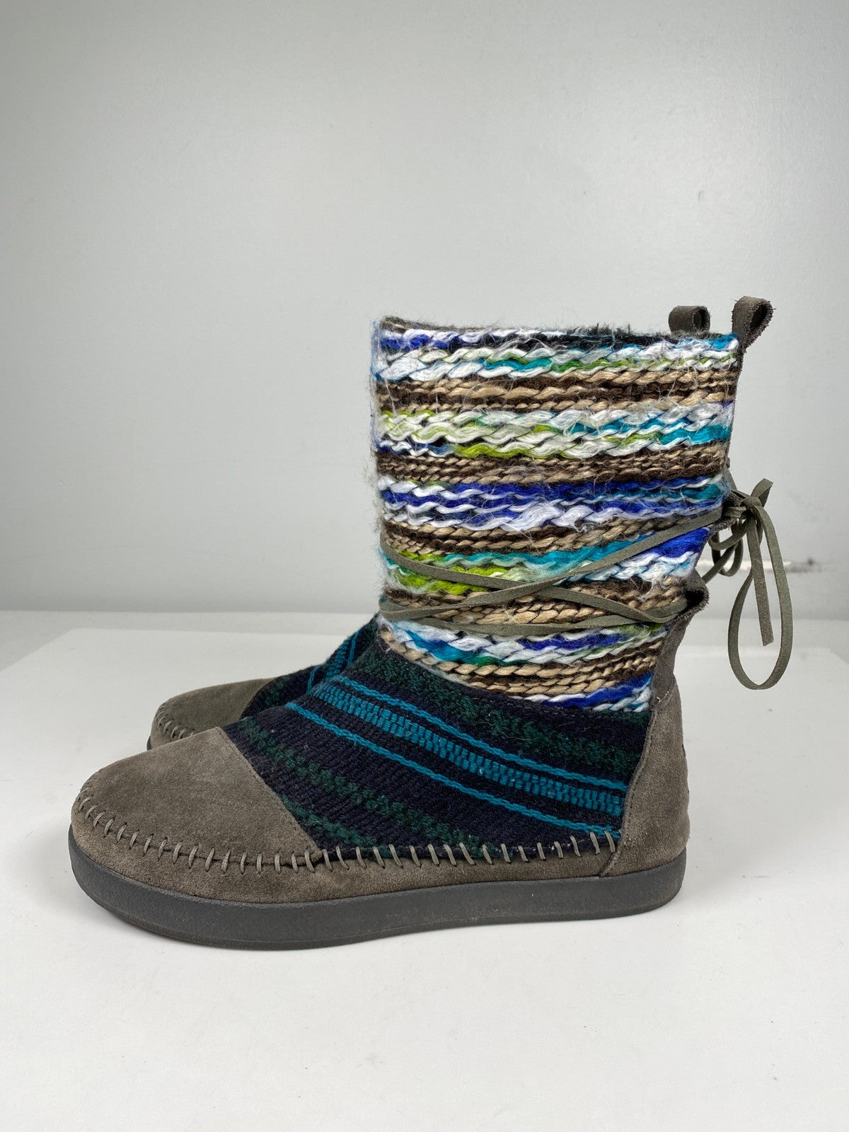 Toms Women’s Blue/Gray Aztec Pull On Nepal Suede Knit Boots - 7