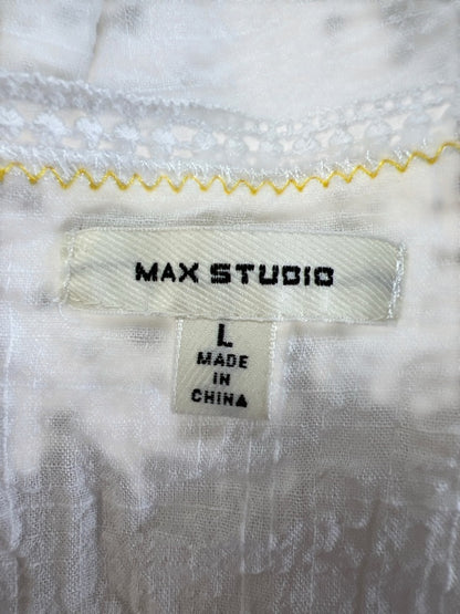 Max Studio Women's White/Yellow Short Eyelet Sleeve Tie Front Blouse - L