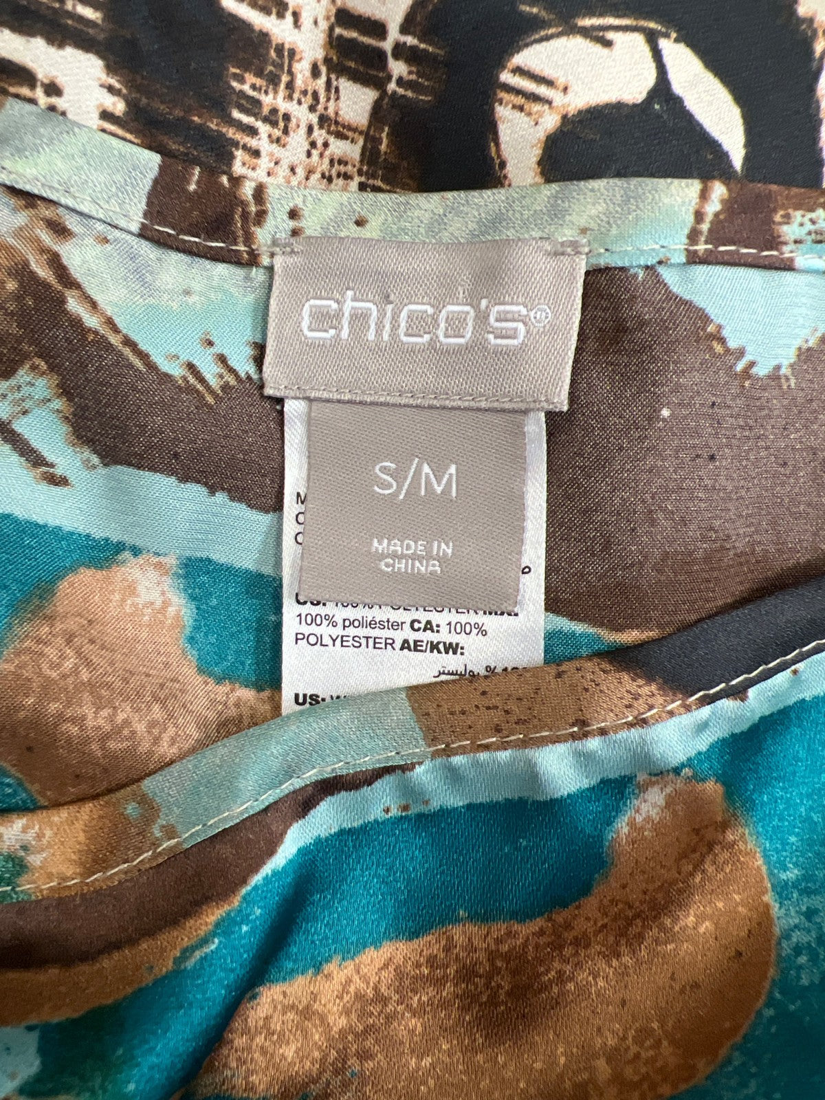 Chico’s Women’s Brown/Blue Short Sleeve Poncho Style Blouse - S/M