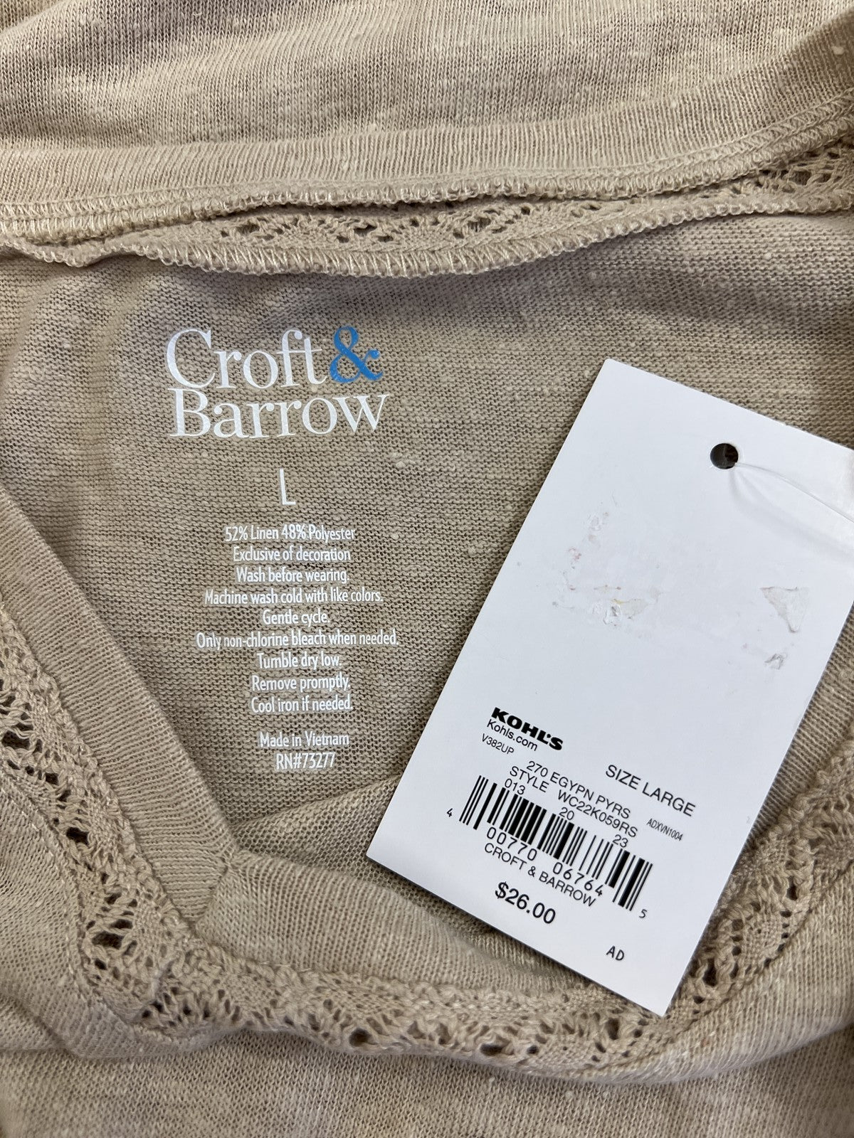 Croft and Barrow Women’s Beige/Brown Linen Cap Sleeve T-Shirt - L