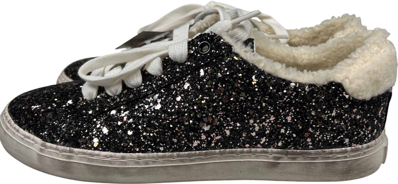 Nine West Women’s Black Glitter Sherpa Trim Lace Up Sneakers - 7.5