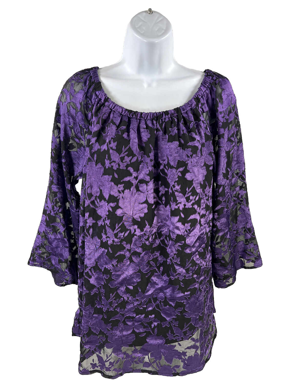 NEW Alfani Women's Purple Shimmer Flowers 3/4 Sleeve Blouse - S