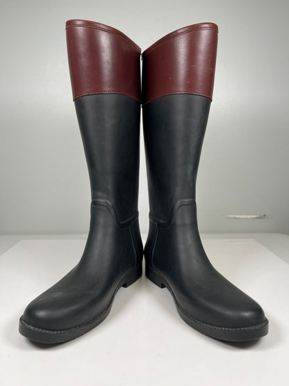 Tory Burch Women’s Black/Brown Classic Leather Cuff Diana Tall Rain Boots - 10B