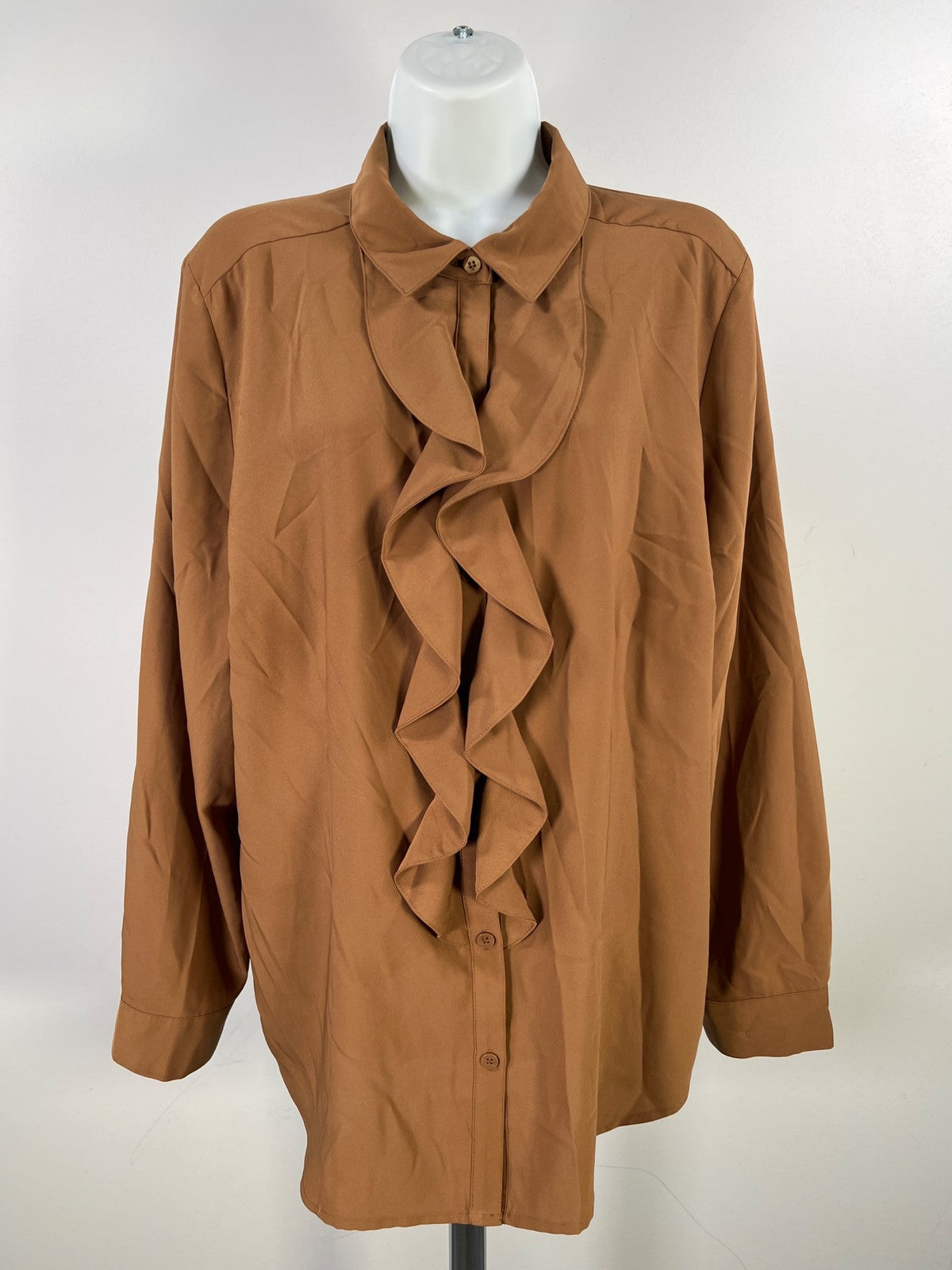 Chico’s Women’s Brown Long Sleeve Ruffle Front Button Up Blouse - 2/US L