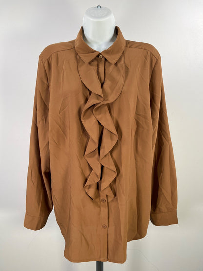 Chico’s Women’s Brown Long Sleeve Ruffle Front Button Up Blouse - 2/US L