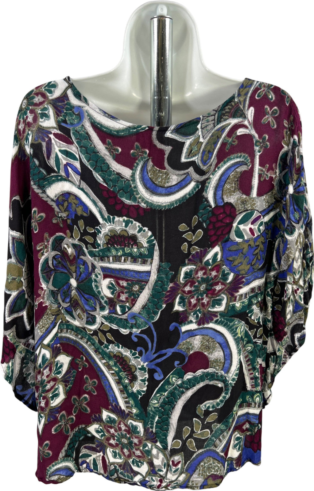 Chico’s Women’s Green/Burgundy Paisley Short Sleeve Poncho Style Blouse - S/M