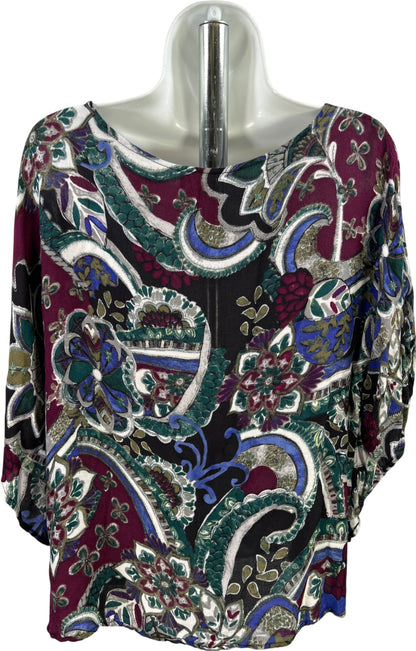 Chico’s Women’s Green/Burgundy Paisley Short Sleeve Poncho Style Blouse - S/M