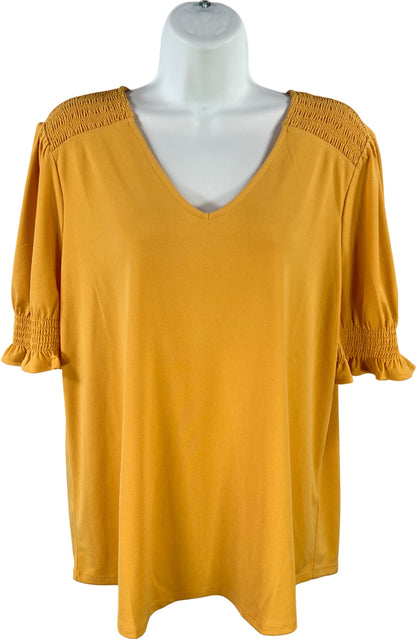 Adrianna Papell Women’s Gold/Yellow V-Neck Smocked Short Sleeve Blouse - XL
