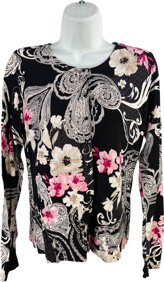 White House Black Market Women’s Black Floral Snap Button Sweater - M