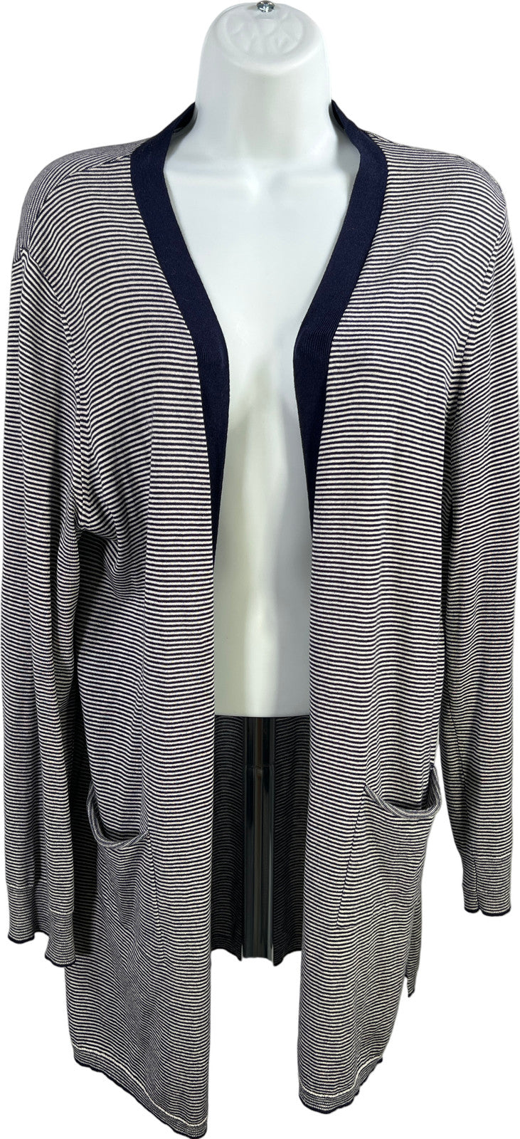 ATM Women’s Blue Striped Long Sleeve Silk Blend Open Cardigan Sweater - L