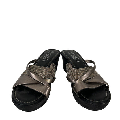 Tuscany Women's Black/Gray Metallic Strappy Wedge Sandals - 8