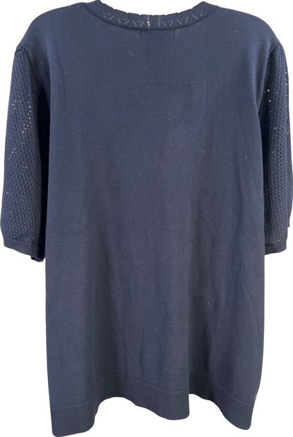 Cable and Gauge Womens Navy Blue Short Perforated Sleeve V-Neck Sweater -Plus 3X