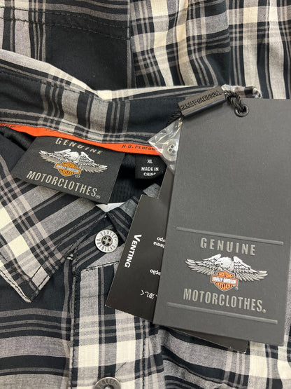 Harley Davidson Men’s Black/White Plaid Performance Button Up Shirt - XL