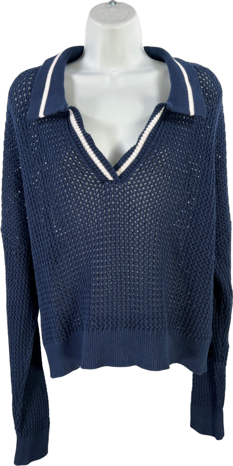 525 Women’s Blue Open Knit Collared Cropped Long Sleeve Sweater - L