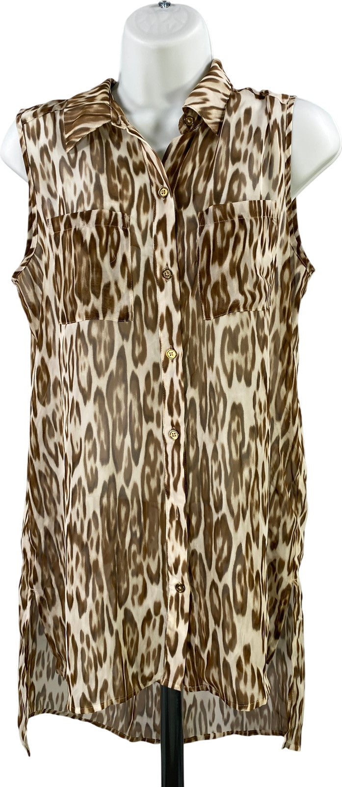 Chico’s Women’s Brown/White Sleeveless Sheer Button Up Hi-Low Blouse - 0/US S