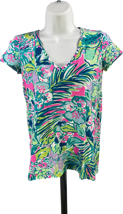 Lily Pulitzer Women’s Blue Tropical Print Short Sleeve V-Neck T-Shirt - XXS