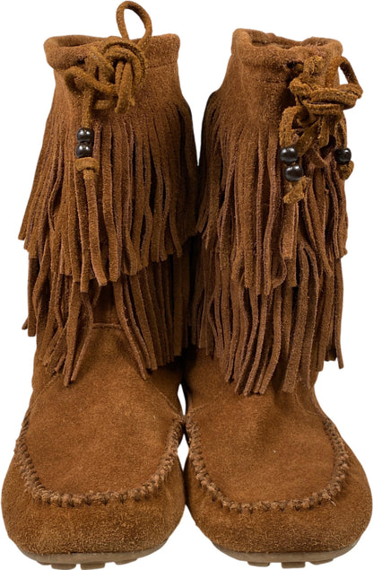 Minnetonka Women’s Brown Suede Double Fringe Pull On Mid Calf Boots - 7.5