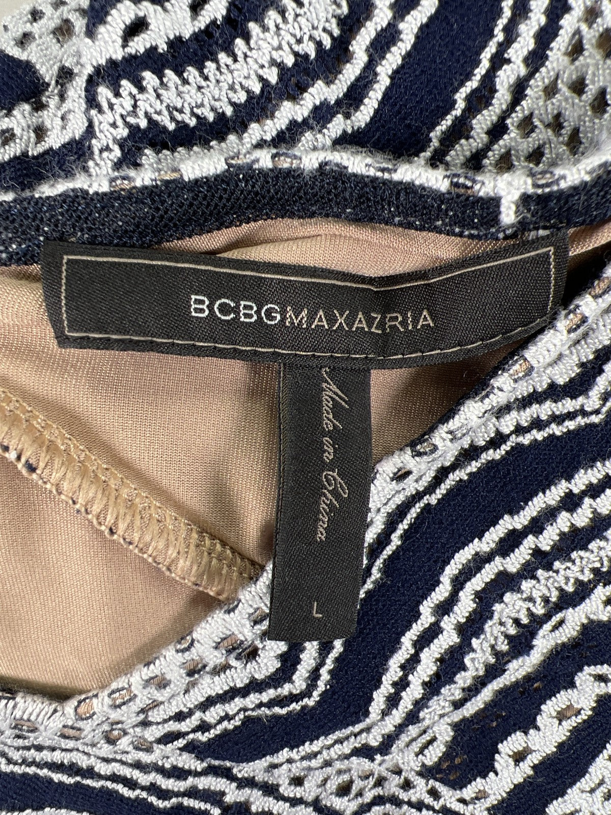 BCBGMaxazria Women’s Blue/White Lace Lined Long Sleeve Sheath Dress - L