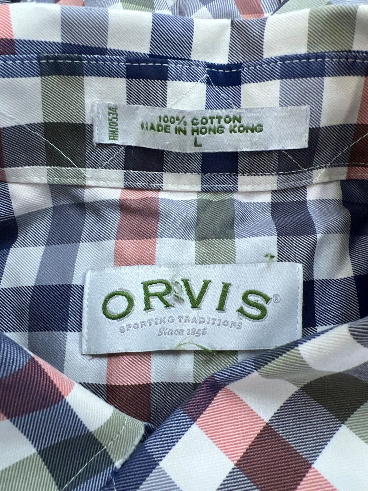 Orvis Men’s Blue/Orange Plaid Long Sleeve Button Up Shirt - L