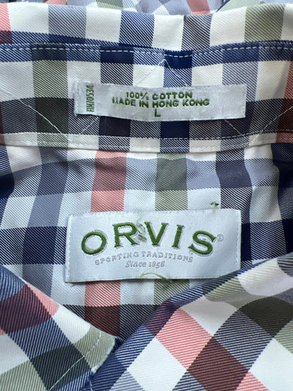 Orvis Men’s Blue/Orange Plaid Long Sleeve Button Up Shirt - L