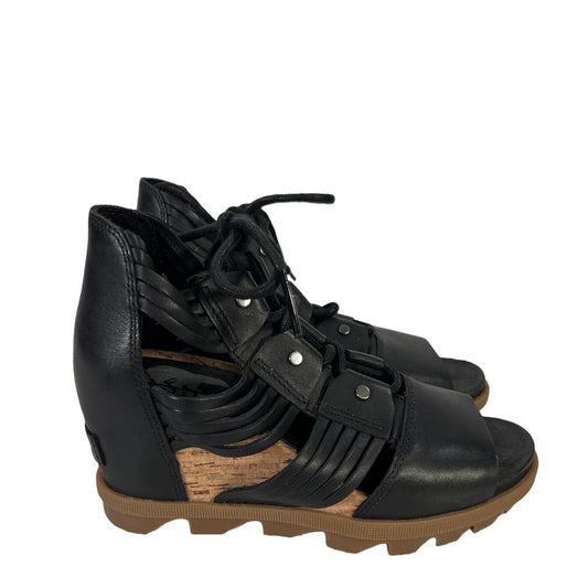 Sorel Women's Black Leather Joanie II Lace Up Wedge Sandals - 6