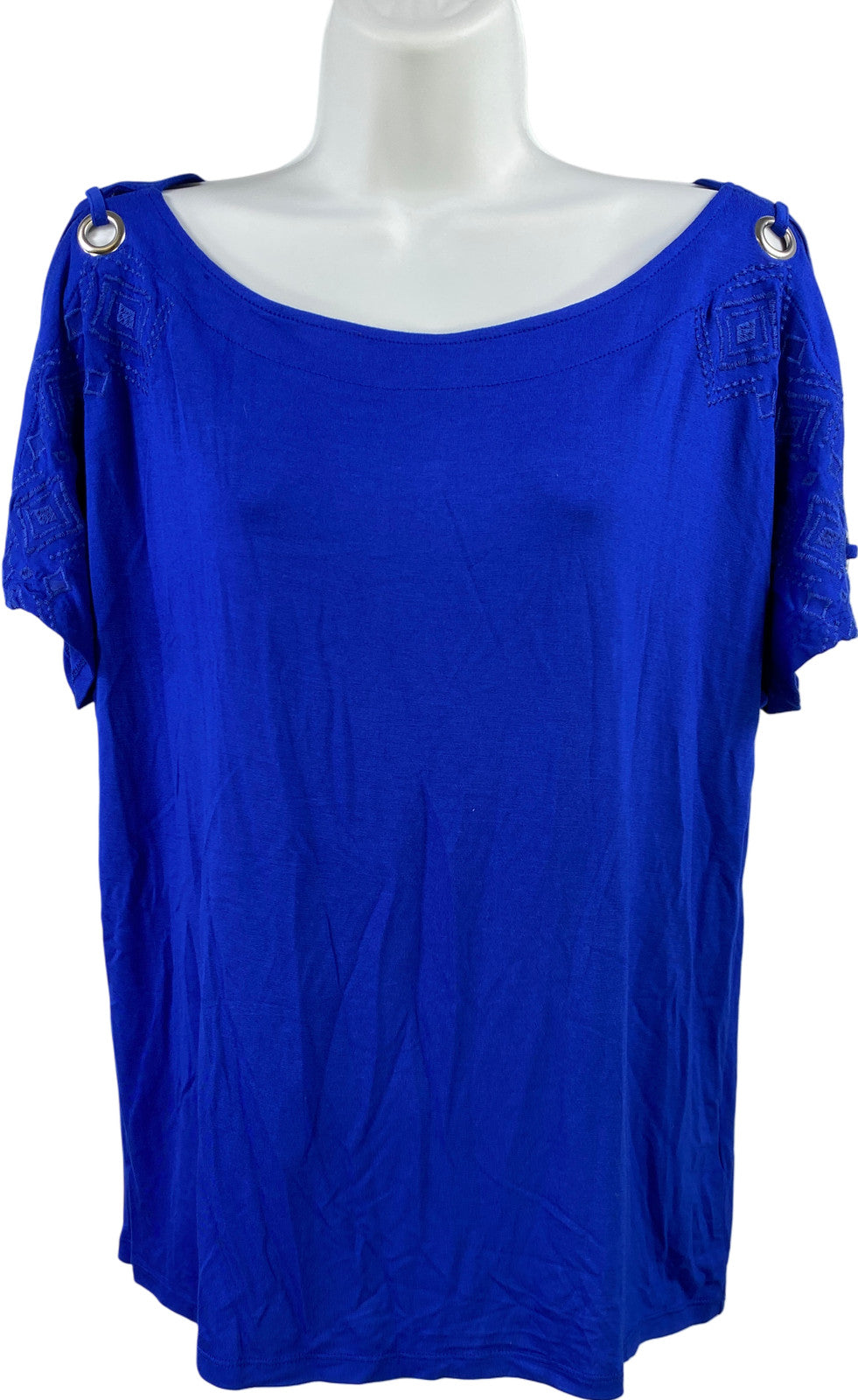 Cable and Gauge Women’s Blue Short Embroidered Slit Sleeve Blouse - L