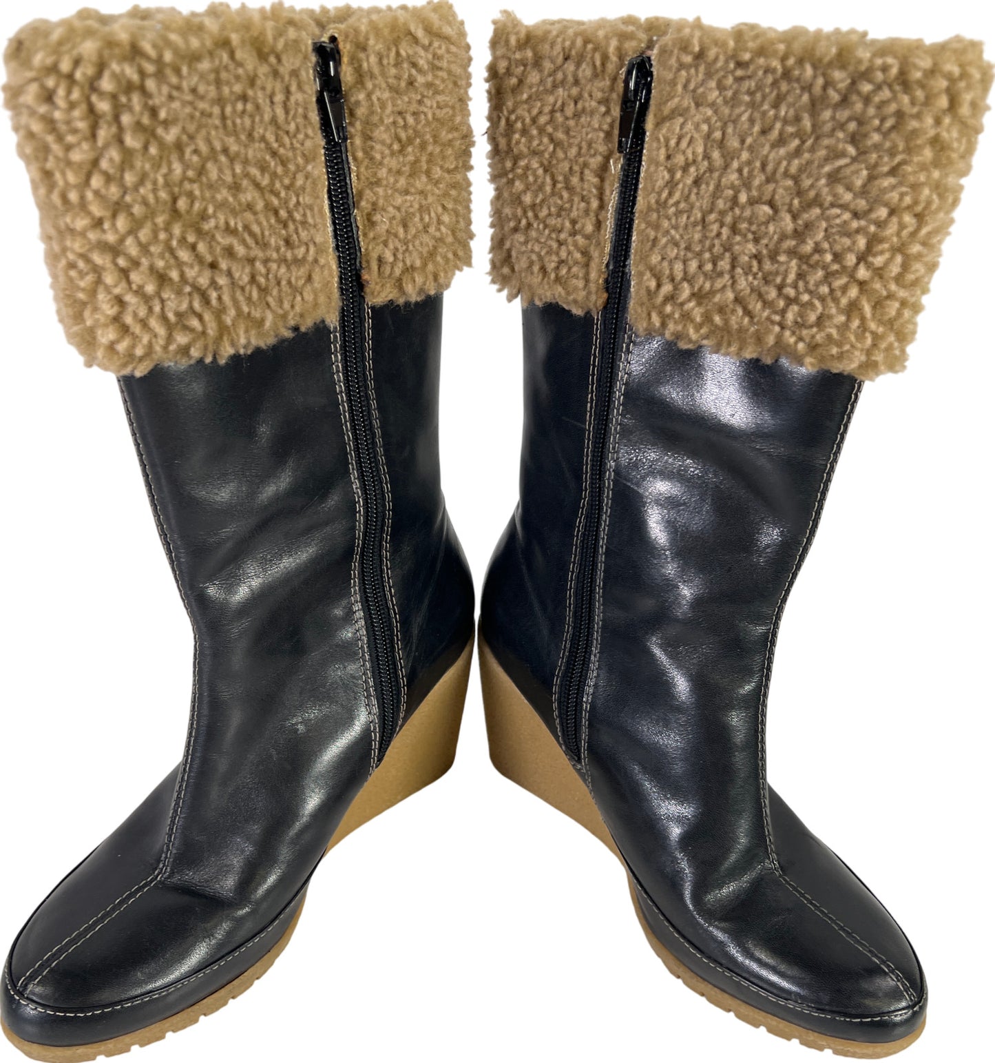 Easy Spirit Women’s Black Leather Faux Fur Side Zip Wedge Mid Calf Boots - 6
