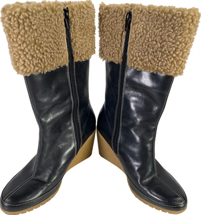 Easy Spirit Women’s Black Leather Faux Fur Side Zip Wedge Mid Calf Boots - 6