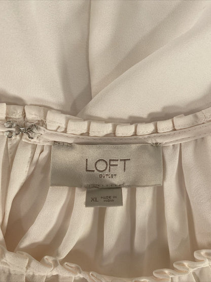 LOFT Women's White Floral Pleated Sheer Short Sleeve Blouse - XL