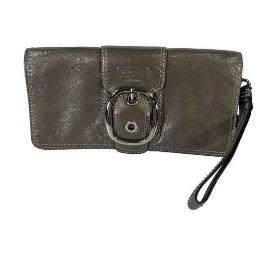 Coach Pewter Gray Crinkle Patent Leather Large Buckle Wallet Wristlet